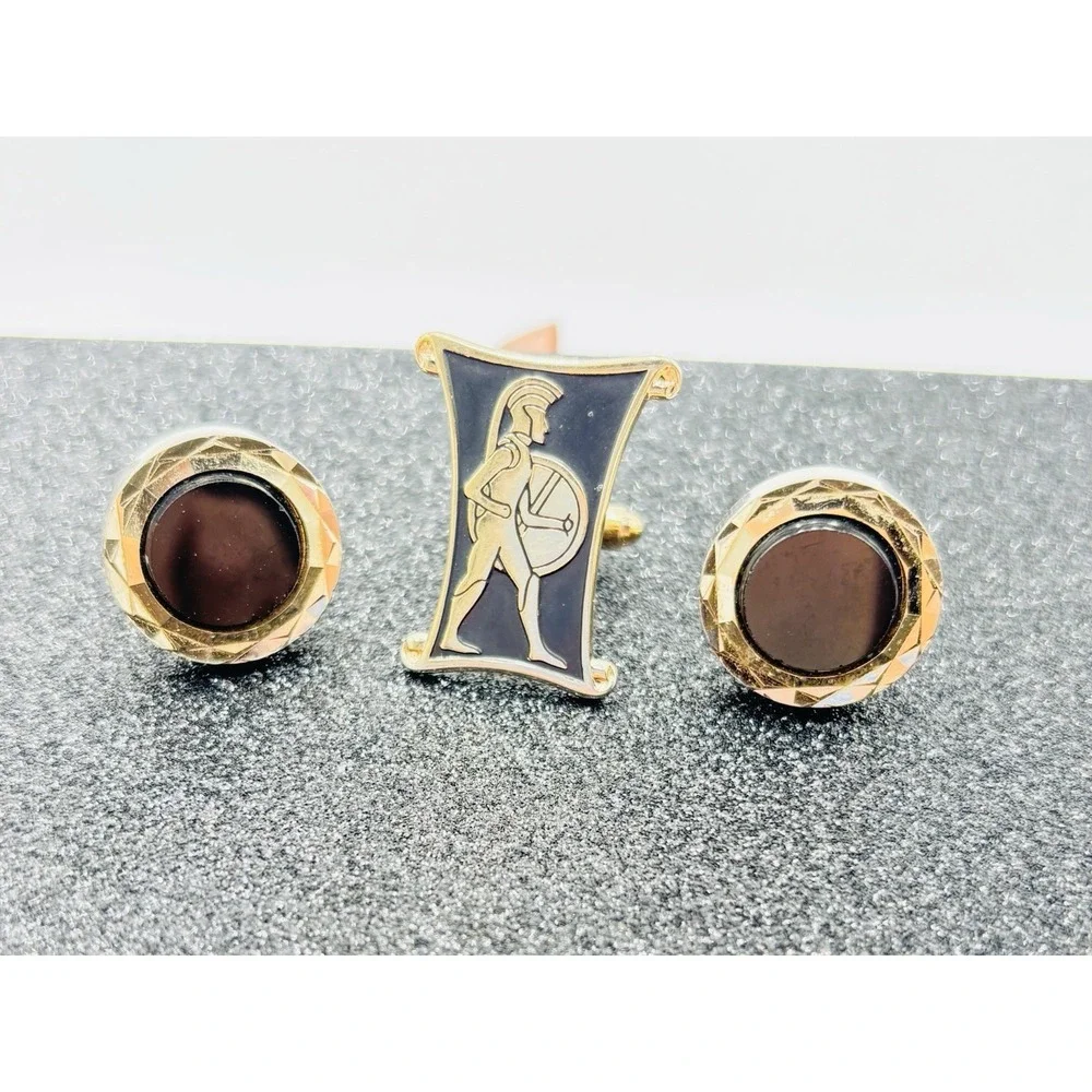 Vintage Hickok Swank Cufflinks Tie Bar Set Gold Tone Black Enamel Roman‎ Warrior